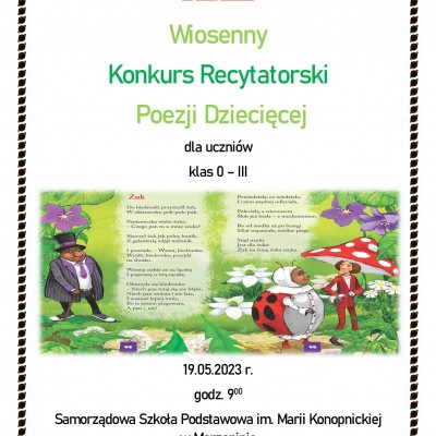 ZAPRASZAMY NA XXII WIOSENNY KONKURS RECYTATORSKI POEZJI DZIECIĘCEJ